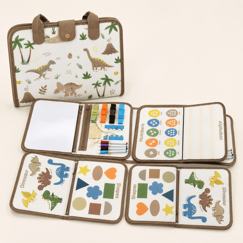 A children's fabric activity and learning bag shown both closed and open on a light beige background. The closed view shows dinosaur illustrations with brown handles and a snap closure.