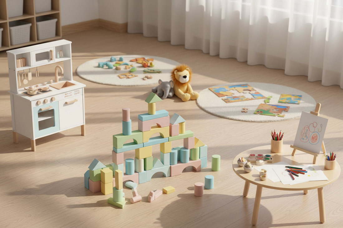 Colorful preschool play area with wooden building blocks, toy kitchen, art supplies and puzzles arranged on a wooden floor