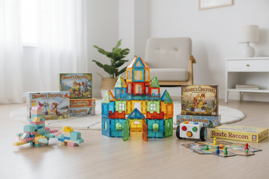 Colorful play area for school-age children featuring magnetic tiles, a coding robot, board games and building sets arranged on a wooden surface
