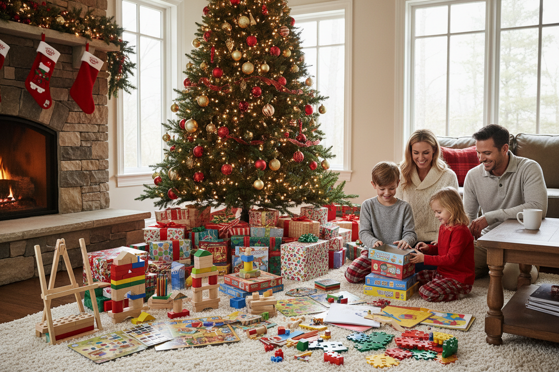 Colorful educational toys and wrapped Christmas gifts arranged under a decorated tree in a cozy family home