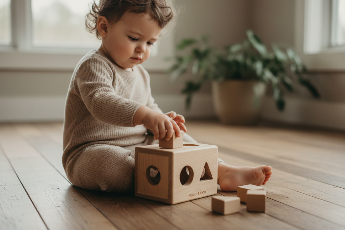 A child sitting alone on a wooden floor, independently discovering a mistake while playing with a Montessori wooden shape sorter puzzle