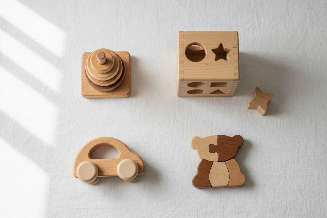 Four wooden Montessori toys arranged on a white surface — a stacking ring, shape sorter, wooden car, and simple puzzle