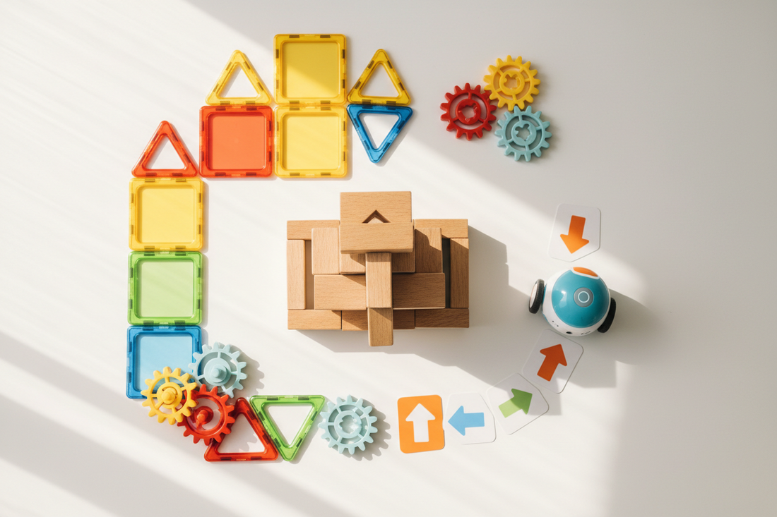 Flat-lay of premium open-ended STEM toys including wooden blocks, magnetic tiles, a coding robot, and gear sets on a white surface