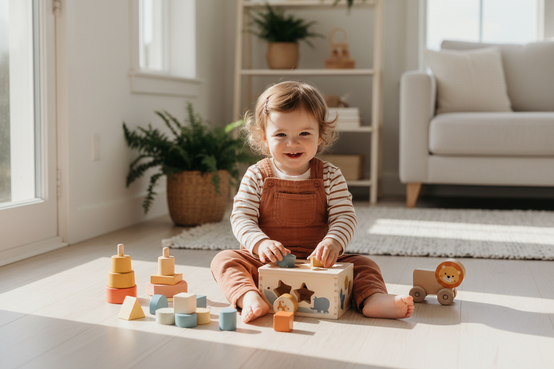 A happy toddler sitting on a wooden floor playing with colorful stacking cups, wooden blocks, and a shape sorter