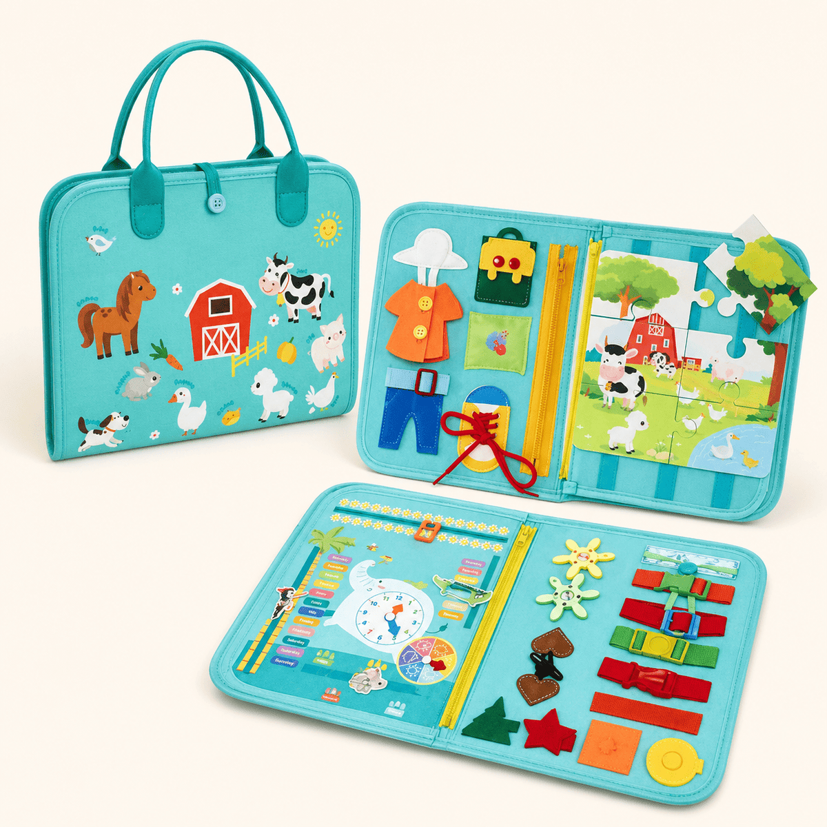 A children's felt activity bag set shown open and closed on a light cream background. The closed view shows a turquoise felt tote bag decorated with farm animals and a barn.