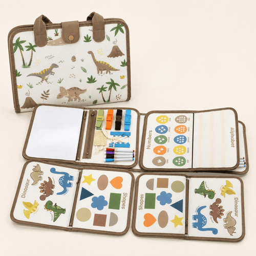 A children's fabric activity and learning bag shown both closed and open on a light beige background. The closed view shows dinosaur illustrations with brown handles and a snap closure.